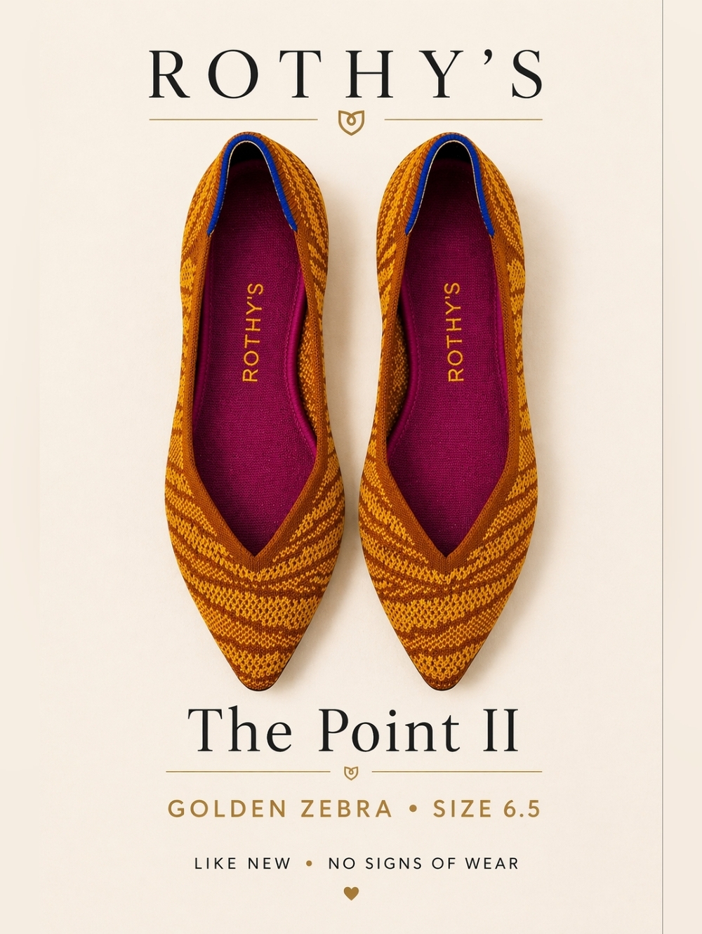 Rothy’s The Point II Golden Zebra Flats Size 6.5 Knit